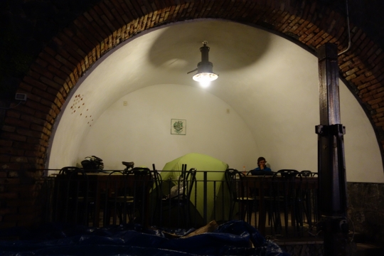 Our campsite in alcove of pizzeria in Atrani
