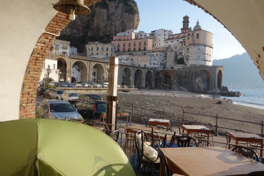 Our campsite in alcove of pizzeria in Atrani