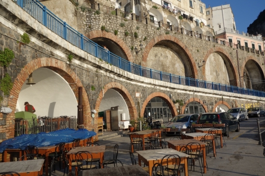 Our campsite in alcove of pizzeria in Atrani