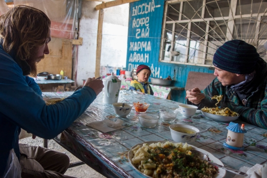 Eating laghman and goulash in Toktogul