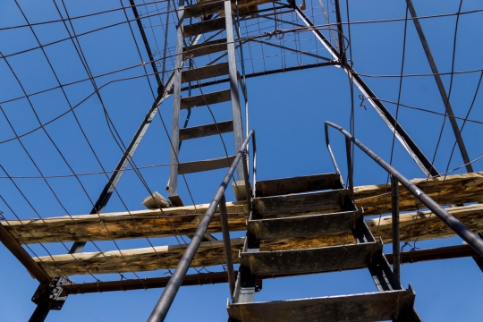 Climbing down out of the tower