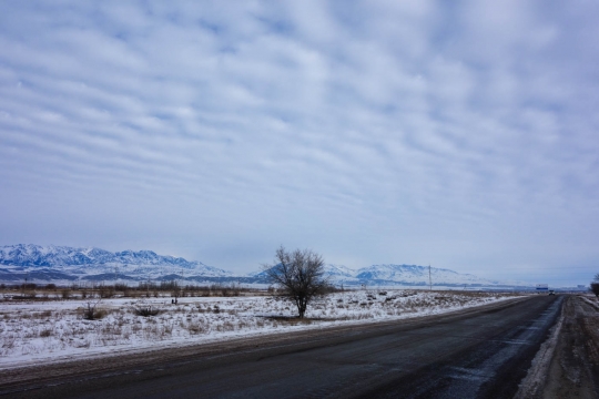 Snowy roads while leaving Kazakhstan