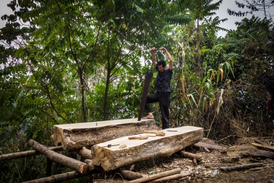 Man sawing large wood