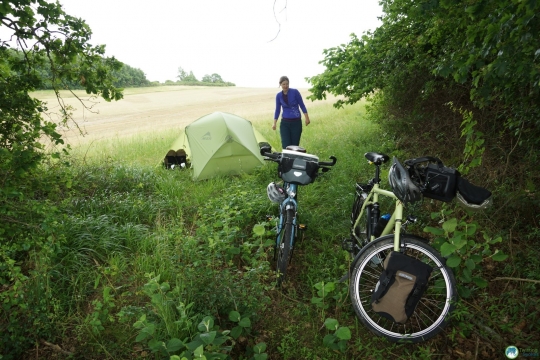 Camping in a field.