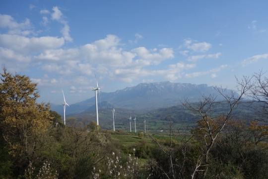 Mountain view with windmills
