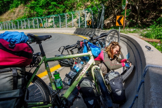 Puncture on the way up.
