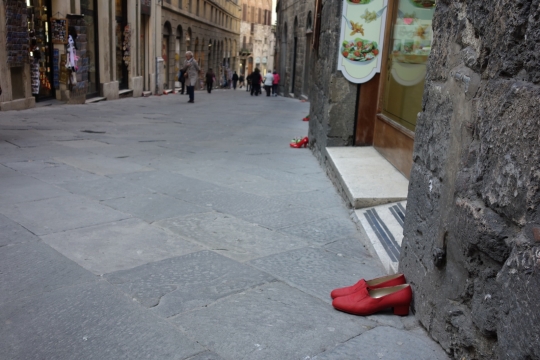 Red shoes lined the streets because of International Women day