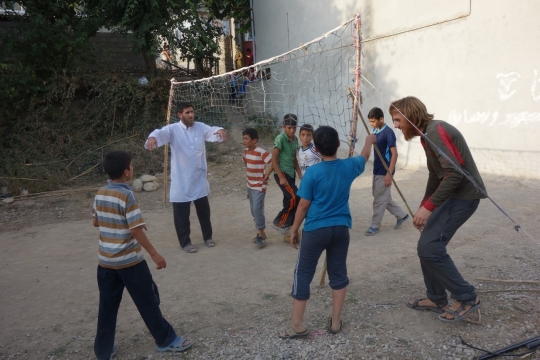 Playing volleyball