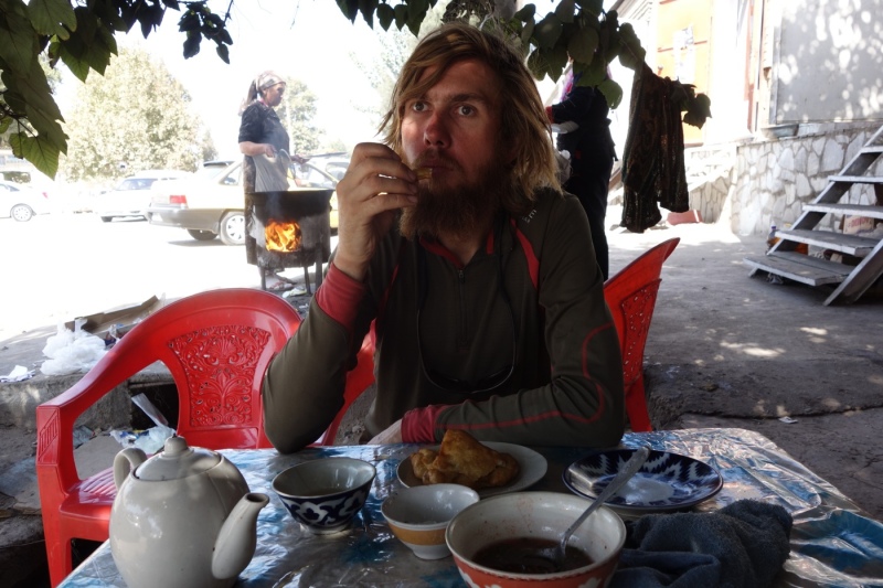 Drinking tea and eating in Denau