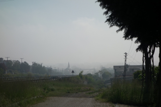 Early morning view of the road with a mosque