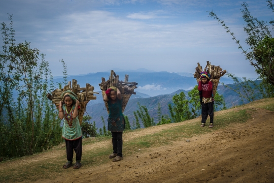 Girls carrying wood